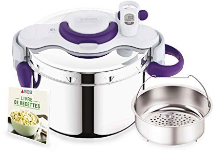 Seb CLIPSOMINUT' Perfect+ Violeta 7,5 L, olla de inducción, libro de 100 recetas, olla a presión fabricada en Francia, fácil de usar, temporizador, asas abatibles P4904800, 7,5 liters, fabricado en