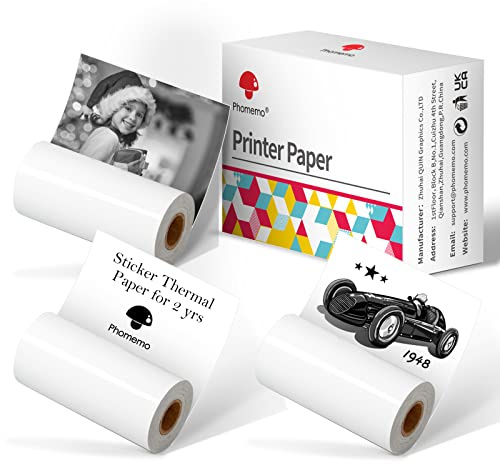 Phomemo M02 Paper, White Sticker Paper Strong Self-Adhesive for Phomemo M02 M02PRO M02S M03 M04S M04AS M832 M833 M834 Portable Thermal Printer, 50mm x 3.5m,3 Rolls