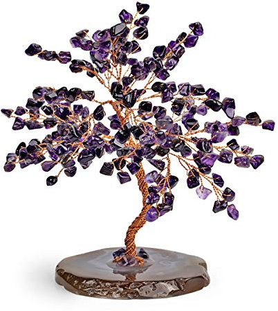 KARMA AND LUCK Oasis, Real Amethyst Crystal Feng Shui Tree of Life Home Decor, Wrapped in Copper Wire on Agate Base, Handmade in Bali, Medium 8