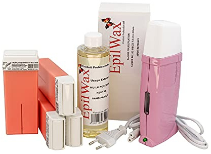 EpilWax Royal Depilatory Kit komplett med: Professionell vaxvärmare 4 Roll-On Wax 100 ml rosa, 100 borttagningsremsor, 1 flaska med 250 ml efter vaxolja - (Royal Series Pink 4)