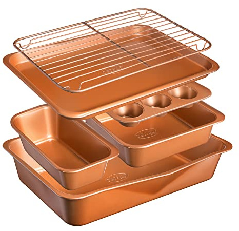 GOTHAM STEEL 7154 6 Piece Non-Stick Bakeware Set Includes Baking, Cookie Sheet, Loaf Pan, Muffin Tin and More with Premier Ti-Cerama Copper Coating 100% PFOA Free, Aluminum, Graphite