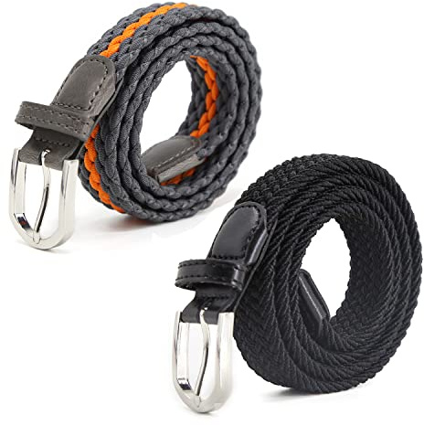 AnJuHoPa barnbälte elastiskt bälte stretchbälte för pojkar flickor, flerfärgat tygbälte kvinnor 2,5 cm bredd 80 cm längd med metallspänne, (grå-orange) & svart, 2PCS/Länge 80cm