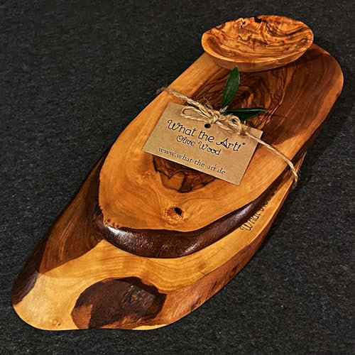 What the Art!® Olive Wood «Vesper Set» | 2 tablas de cortar de madera de olivo + 2 cuencos para salsas | hecho a mano | aprox. 25 – 26 x 11-13 cm & 35-37 x 15-17 cm | Juego de tabla para queso – Tabla