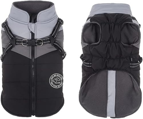 Savlot Wasserdichter Hundemantel Winter Warme Jacke Winddichte Haustierkleidung Hundejacke Outfit für kleine mittelgroße Hunde mit Geschirr Reflektierende Hundemäntel L