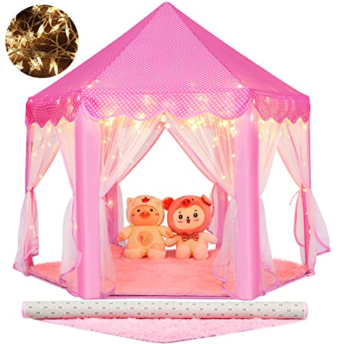 Monobeach Princess Tent Girls Large Playhouse Kids Castle Play Tent with Star Lights Toy for Children Indoor and Outdoor Games, 55'' x 53'' (DxH) (Pink Princess with Play Mat)