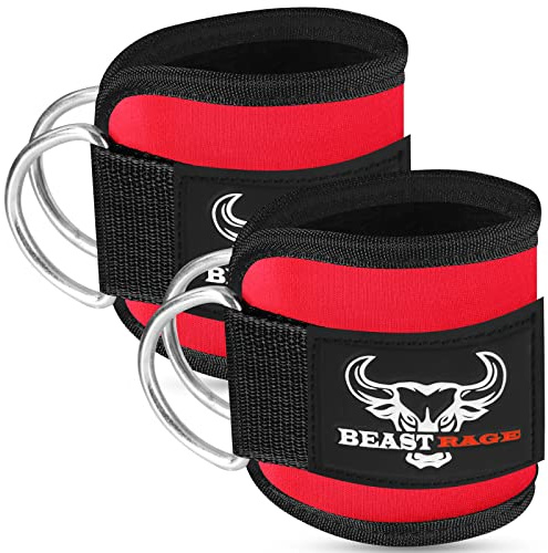 BEAST RAGE Fußschlaufen mit verstellbarem, Neopren-gepolstertem Kabelzug, Doppel-D-Ring, Fitnessgurte für Gewichtheben, Gesäßtraining, Beinstrecker,Curls. (ROT1)