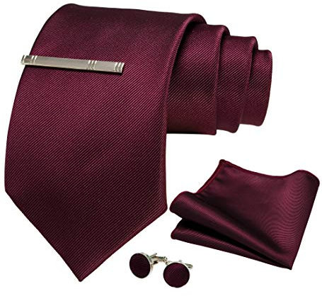 JEMYGINS Herren-Krawatte, extra lang, 9 cm breit, mit Tasche und Krawattenklammer – ideal für Hochzeiten und Partys, bordeaux