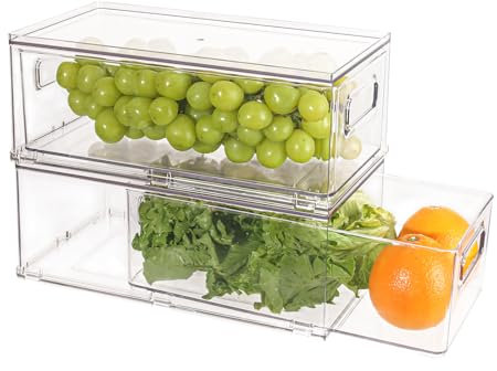 Abiudeng Fridge Drawer Stackable Fridge Organizer Set with Pullout Drawers and Handles BPA-free Clear Storage for Freezer and Cupboard-M-2Pcs