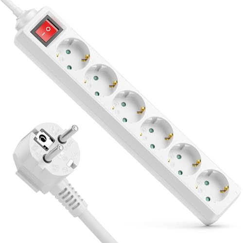deleyCON 6 Compartiments Prise de Courant avec Interrupteur on/Off Prise de Courant Multiple pour Intérieur 3,0 m Câble Connecteur de Protection Boîtier en Plastique Robuste Blanc