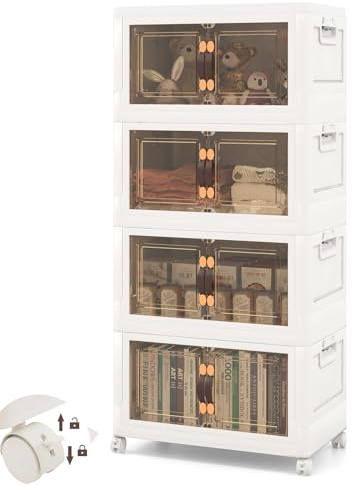 KOMFOTTEU Aufbewahrungsboxen mit Deckel und Rädern, stapelbare Vorratsbehälter, mehrschichtiger Kunststoffschrank mit Doppeltüren, Aufbewahrungsschrank faltbar für Heimspeicher, Büro (4 Ebene) | Stapelbare Kunststoffbehälter mit 4 Rädern, Organizerboxen für Schlafzimmer, Wohnzimmer, Traglast bis 5 kg
