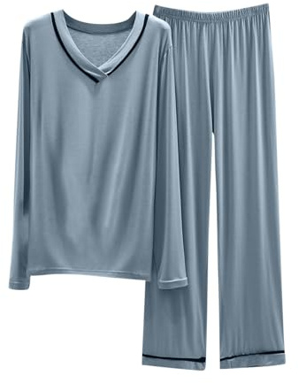 Summer Lounge Wear Sets For Women Uk Cotton Modal Long Sleeve Pyjamas V Beck Casual Outfits Solid Basic Pjs Sportswear Tracksuit Loose Fit Lightweight Comfortable Sleepwear Suits Sky Blue XXL
