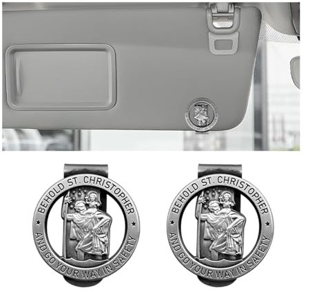 CGEAMDY 2 Stück St. Christopherus Schutzengel Sonnenblende Clip, Auto Heiliger Christopherus Visier Clip, St. Christopherus Abzeichen Auto Sonnenblende Clip(Silber)