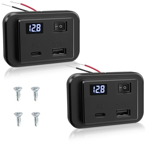 Hoembpn 2PCS 12V Dual USB C Car Charger Socket Panel with Switch and LED Voltmeter 40W PD2.0+QC3.0,DC12V-26V USB Power Outlet Outdoor Quick Charge Adapter for Campervan Boat Truck Marine Accessories