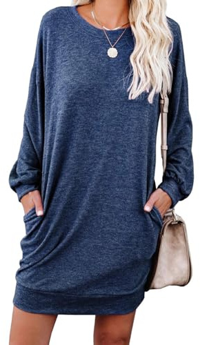 PrinStory jumper klänning långärmad vinterklänningar ledig lösa miniklänningar stickad pullover tröja tunika toppar basklänning med sidfickor UK storlek 6-8 (VG marinblå, S), Aa Vg marinblå