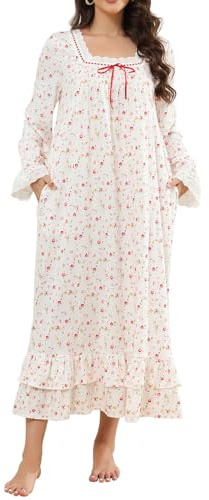 YARISNEY Lång nattlinne för kvinnor bomull långärmad nattkläder viktoriansk prinsessa nattlinne med fickor S-3XL, Vintage ros, 3XL