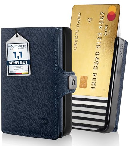 PURISTO KLIK Minimal Slim Wallet mit Münzfach - Mini Geldbörse und Kreditkartenetui für Herren aus Echtleder - Kleiner Credit Card Holder mit RFID Schutz für 8-12 Karten - Dunkelblau