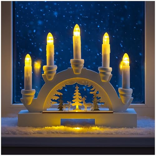 HTI living LED Schwibbogen weiß mit Rehen im Wald Batteriebetrieben Lichterbogen Weihnachtsdeko batteriebetrieben