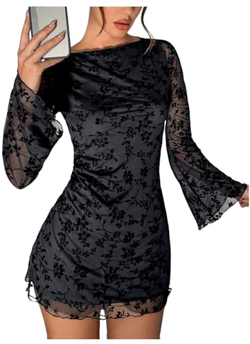 SOLY HUX Women's Floral Sexy Mesh Mini Dress Bell Long Sleeve Bodycon Going Out Dresses Black Floral Medium