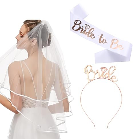JEKUGOT Bride To Be Veil Bride Headband Bride Sash Set, Hen Party Accessories Bride To Be Sash, Hen Do Accessories Wedding Veil Bride To Be Decorations (3 pieces)
