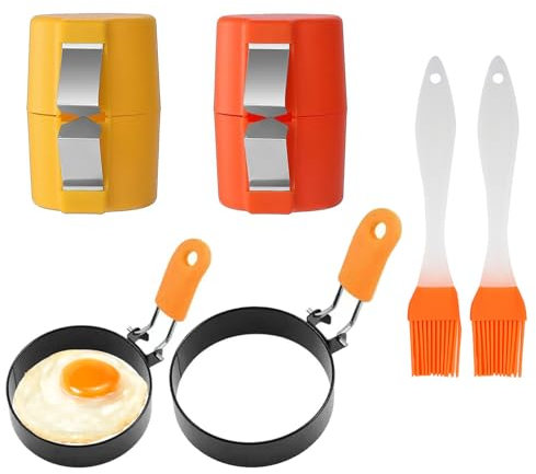 Egg Cracker Tool Set, 2 Egg Openers with 2 Frying Molds and 2 Brushes, Compact Egg Shell Opener for Kitchen, Camping, Dorm