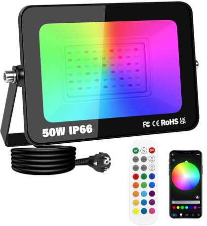 50W Smart RGB LED Floodlight with Plug, APP Remote Control, Dimmable Colour Changing Flood Light for Garden Wall Courtyard Party Stage Decoration, IP66 Outdoor Work Light