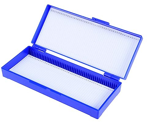 Objektträgerbox für Mikroskope, 50 Stück, Abs, Blau | Nummerierte Positionen, Klappdeckel, Leicht zu Reinigen, Hitzebeständig