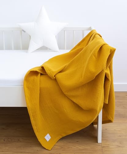 LOOLAY Musselin Decke 150x200cm – 100% Europäische Baumwolle – Leicht Atmungsaktiv – musselindecke Sommer für Kinder – Wickeldecke, Reisedecke und Strandtuch (Senfgelb)