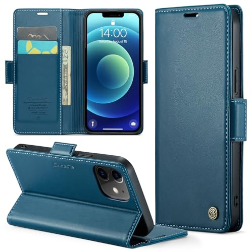 Rerzoiro Handyhülle für iPhone 12 Mini 5,4 Zoll Hülle, Premium PU Lederhülle Klappbar Flip Case [RFID Blocker] Tasche Magnet Kartenfach Klapphülle Schutzhülle für iPhone 12 Mini, Blau