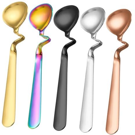 Gatuida Juego de 5 Cucharas de Acero Inoxidable para Postre y Café Mango Curvo, Diseño Colgante, Pulido Fino Rebabas, Prácticas para Mezclar Miel y Hogar