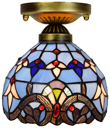 Lámpara de techo Tiffany de 8 pulgadas, pequeña lámpara de araña de cristal de colores, decoración vintage barroca azul, lámpara de techo for sala de estar, comedor, dormitorio, pasillo.