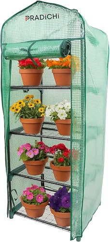 PRADICHI Gewächshaus, 4 Etagen, Mini-Gewächshaus für den Innen- und Außenbereich, robustes Gartenhaus, ideal für den Anbau von Gemüse, Blumen, Kräutern u