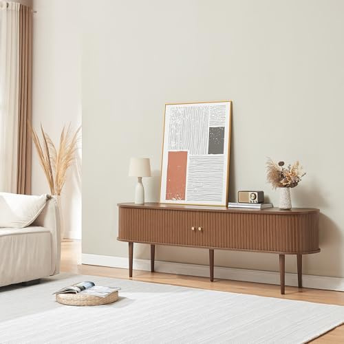 [en.casa] Mobile Porta TV a Forma Ellittica con 2 Ante Scorrevoli Tavolo Basso Contenitore con Ripiani Regolabili in Altezza Stand TV Centri Multimediali 166 x 40 x 55 cm - Effetto Noce