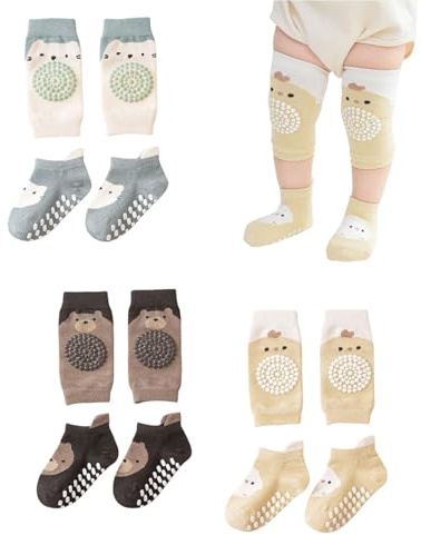 HUVZOR 3 Paar Baby Knieschoner und 3 Paar Baby Socken Baby Krabbeln set, Anti Rutsch mit Gummipunkte Krabbelschoner Stulpen Knieschützer für Kleinkinder 0-12 Monate
