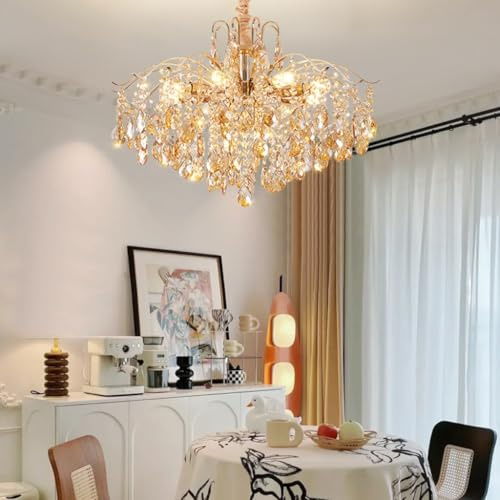 DOCJX Kristall Gold Kronleuchte Moderne Pendelleuchte, Kristall Lampenschirm Hängelampe Für Lampe Wohnzimmer Esszimmer, Pendellampe Mit E14 Lüster Für Schlafzimmer Küche Villa, Deckenleuchte(60CM)