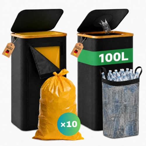 RMAN Cubos de Basura de Reciclaje 2 X 100L, Negro | Con Tapa, 10 Bolsas Incluidas, 1 Malla Lavable, Para Papel y Plástico, Casa, Cocina