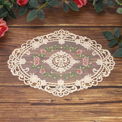 QUARKZMAN 1 Pc Napperon en Dentelle, 28x38cm Napperon Vintage Ovale Brodé en Dentelle Au Crochet sous-Verre pour Table Vase Décoration Maison, Abricot