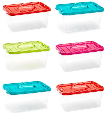 Tradineur - Pack de 6 cajas de almacenamiento con asa Nº 22 - Plástico - Contenedor, libros, ropa - Fabricada en España - 8 litros - 22,5 x 34 x 15,5 cm - Tapa surtida