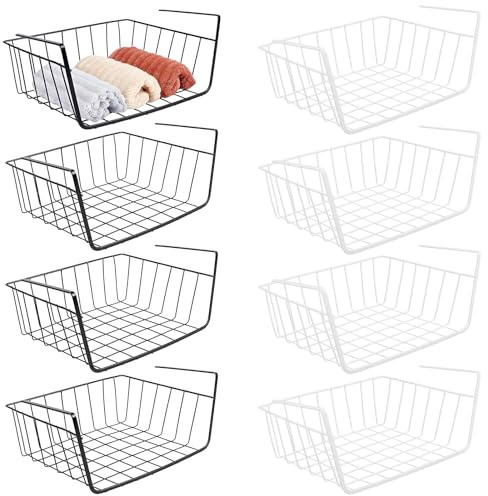 INTERWARM 8 Stück Stapelbarer Hängekorb,Unter Das Regal Einschubkörbe | Küche Speisekammer Schreibtisch Bücherregal Schrankkörbe Organizer 31x22x12cm Für Die Küche Büro Speisekammer (Schwarzweiß)