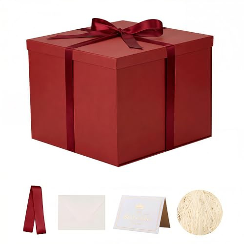KdmNzoo Geschenkbox mit Deckel 32 x 32 x 25 cm groß xxl, Geschenkbox mit Schleifen, Grußkarten, Raffia Hamper Shreds für Rot