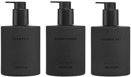 blomus Glasflaschen 3er Set -Kirei- | Shampoo Conditioner Shower Gel Spender 3 x 350 ml | zur Wandmontage mit Schrauben | Badaccessoire Farbe Smoke | Ø 7 x 18 cm | Seifenspender