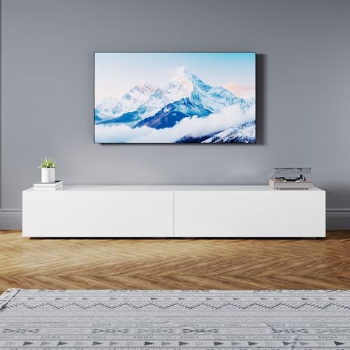 SONNI Lowboard, 200x40x30cm, Hängend/Stehend, Mit 2 Klapptürfach, Weiß | TV-Schrank Hochglanz für Fernseher bis zu 75 Zoll, Fernsehtisch Griffloses Design, TV-Regal für Wohnzimmer, Schlafzimmer