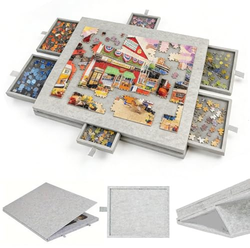 Piashow Puzzle da tavolo inclinabile per 1000 pezzi, in feltro leggero, con 6 cassetti assortiti, con supporto regolabile e copertura (grigio argento)
