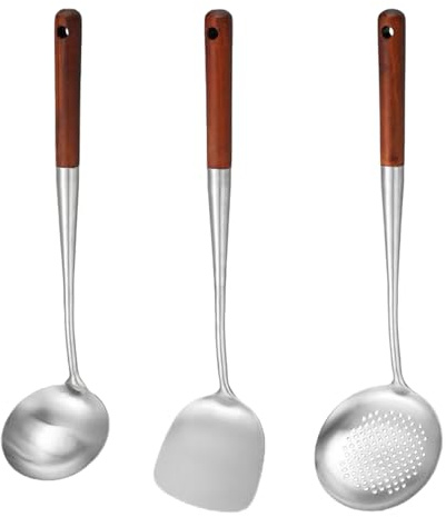 3 PCS Wok Spatula Sets, Wok Shovel Resistant Wood Kitchen Utensil Stainless Steel Long Handle Ladle Tool Cooking Utensils Set for Woks Cookings
