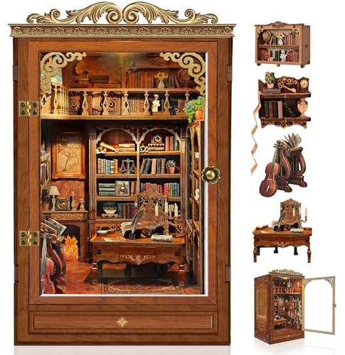 Book Nook Kit para Adutos - puzde 3D de Madera Bilblioteca Mioica Decoracin para Estantena con Cubieta Antipolvo y luz LED - Maqueta de Casa Miniatura para Construir Adultos -Regalo de Manualidad