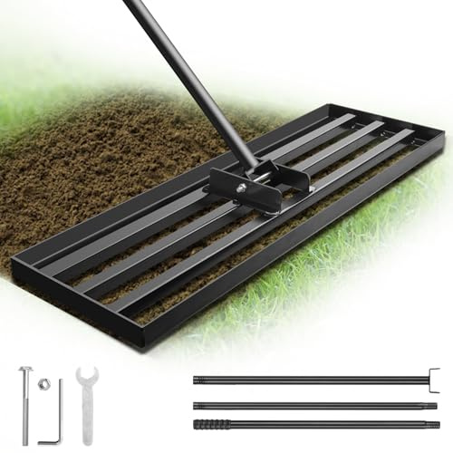 Râteau à gazon, râteau de nivellement, raclette en métal pour pelouse, avec manche de 213 cm, en acier inoxydable, pour jardin, cour, terrain de golf (75 x 25 cm)