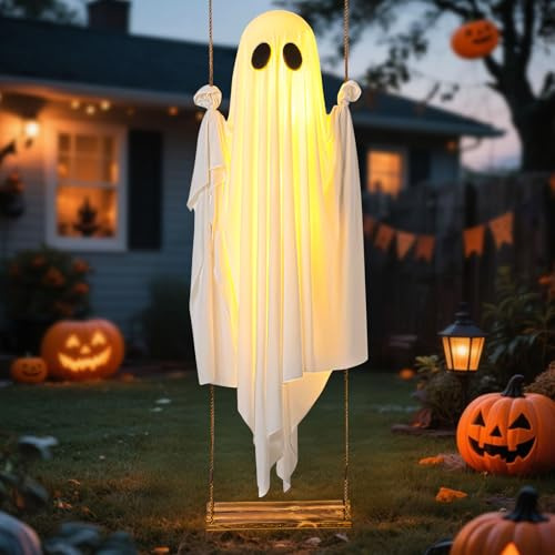 Halloween Deko Geister Hängend Groß 100CM Halloween Deko Outdoor Geist mit Lichterkette 8 Beleuchtungsmodi Hängende Schaukel Geist mit Fernbedienung Led-Gespenst für Veranda Hof Baum Garten Party