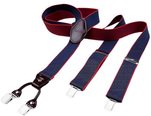 DonDon Bretelle da uomo eleganti extra forti 3,5 cm con 4 clip e toppa in pelle marrone blu scure