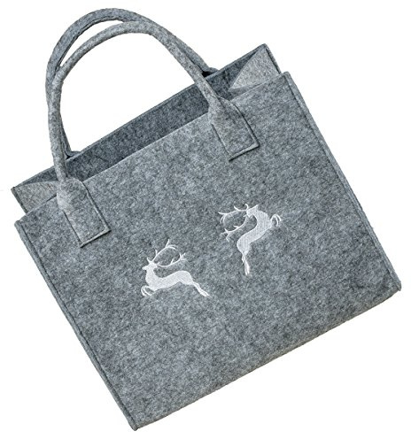 LA FIORE 24 Filztasche Filz Einkaufsshopper Damen Henkeltasche Handtasche Festival Dirndl Hirsch Stickerei (Hellgrau-Hirsch)