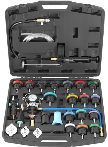 TECPO Kühlsystem Prüfgerät, Vakuum-Abdruck-Set, für PKW & leichte LKW, mit Pumpe, Manometer & Kühleradaptern, Druckprüfung 0-2,5 bar & Dichtheitskontrolle mit Vakuum-Wartungsset für Kühlmittel