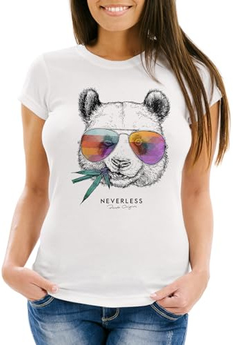Neverless® Damen T-Shirt Panda Bär Aufdruck Tiermotiv mit Sonnenbrille Fashion Streetstyle Slim Fit